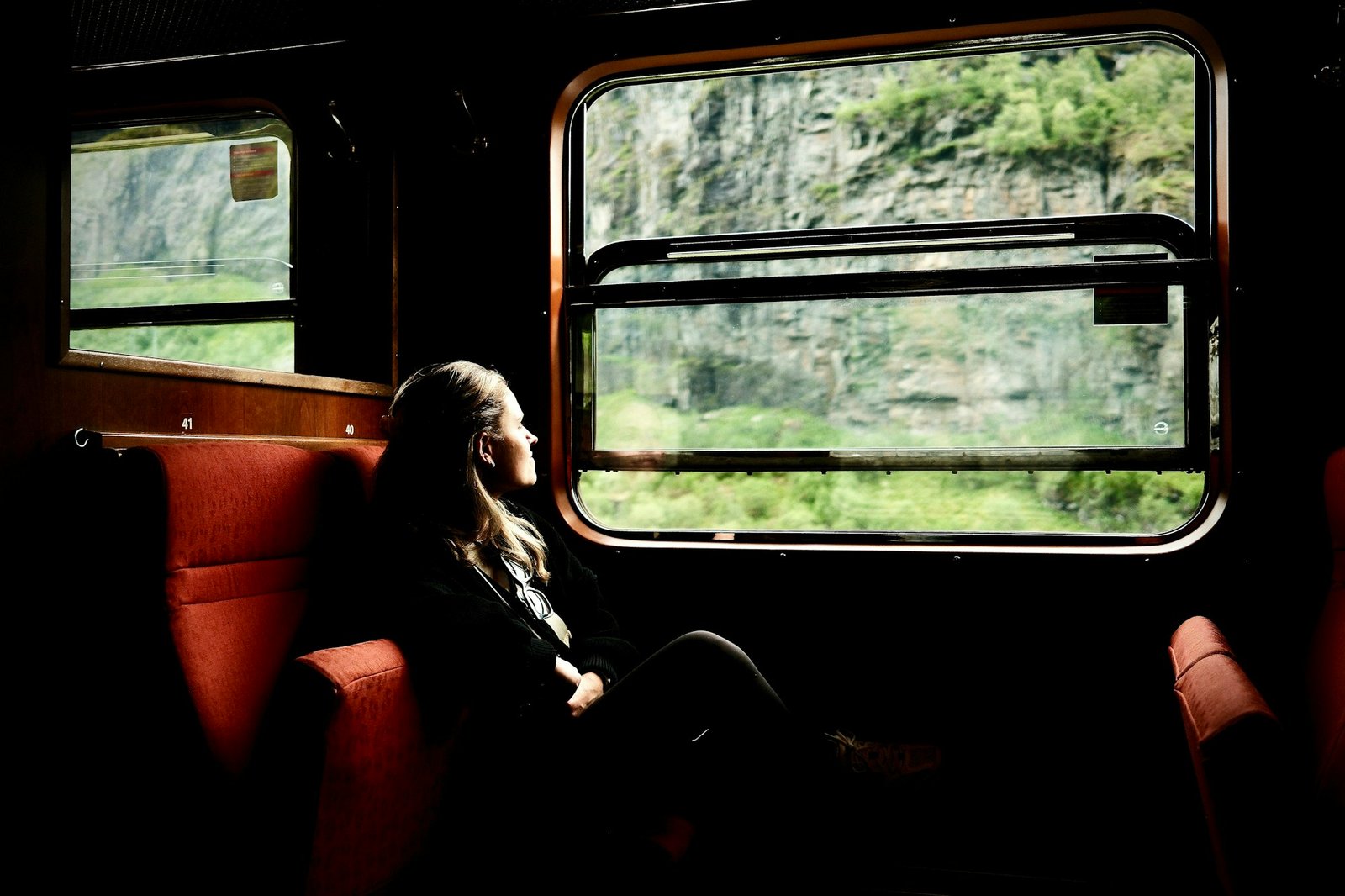 Woman looks out a train window at the scenery.