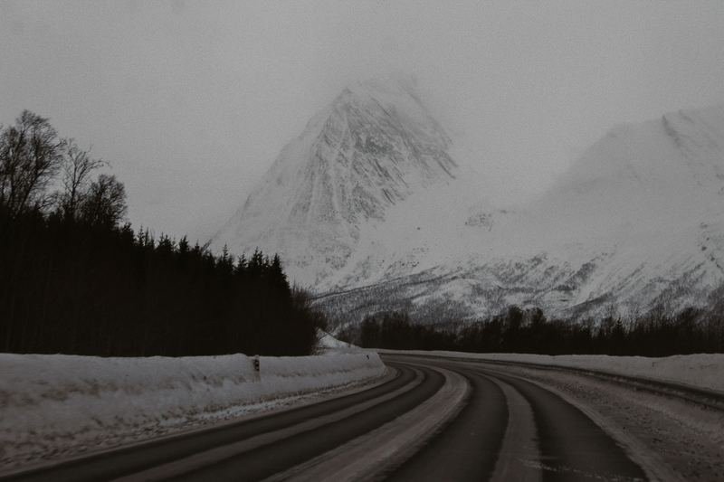 snow covered road near trees and mountain during daytime