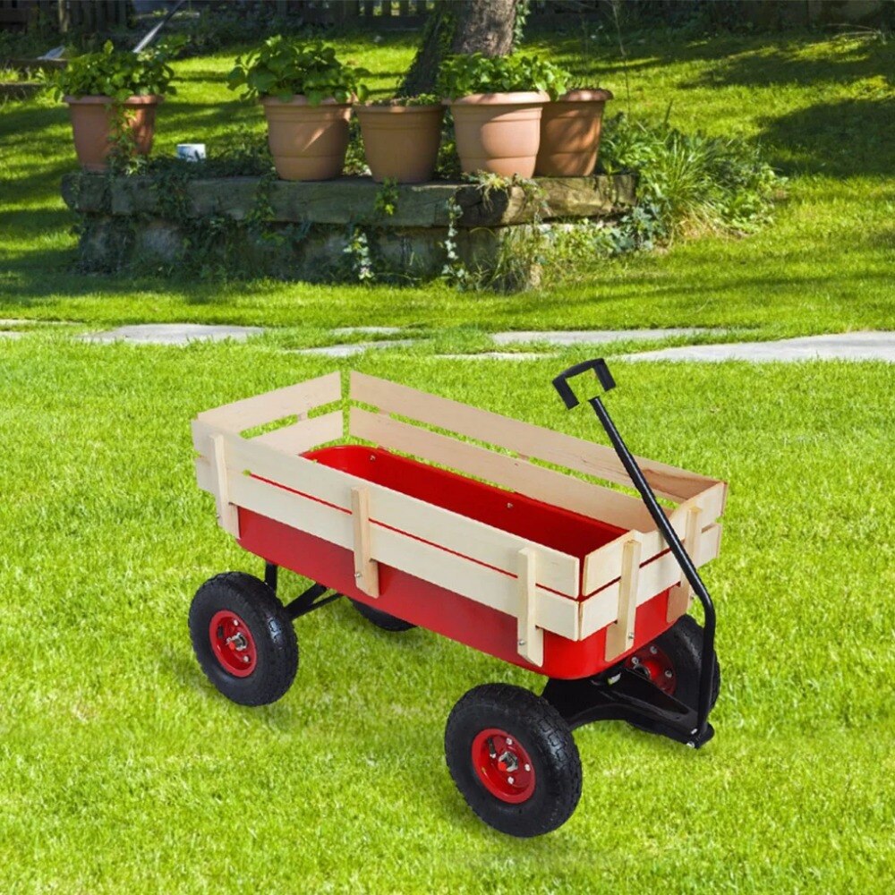 Outdoor-Wagon-All-Terrain-Pulling-With-Wood-Railing-Air-Tires-Children-Kid-Garden-Wagon-Red-Freight-5