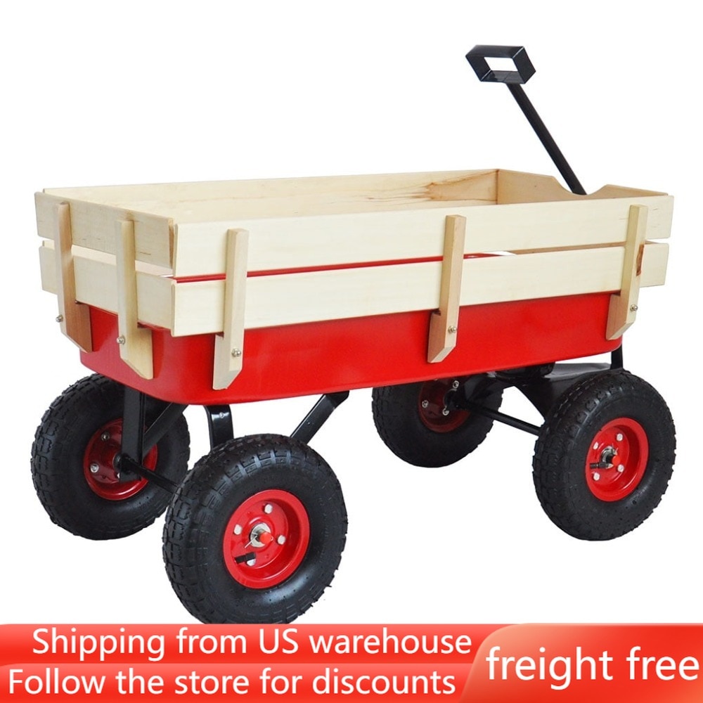 Outdoor-Wagon-All-Terrain-Pulling-With-Wood-Railing-Air-Tires-Children-Kid-Garden-Wagon-Red-Freight